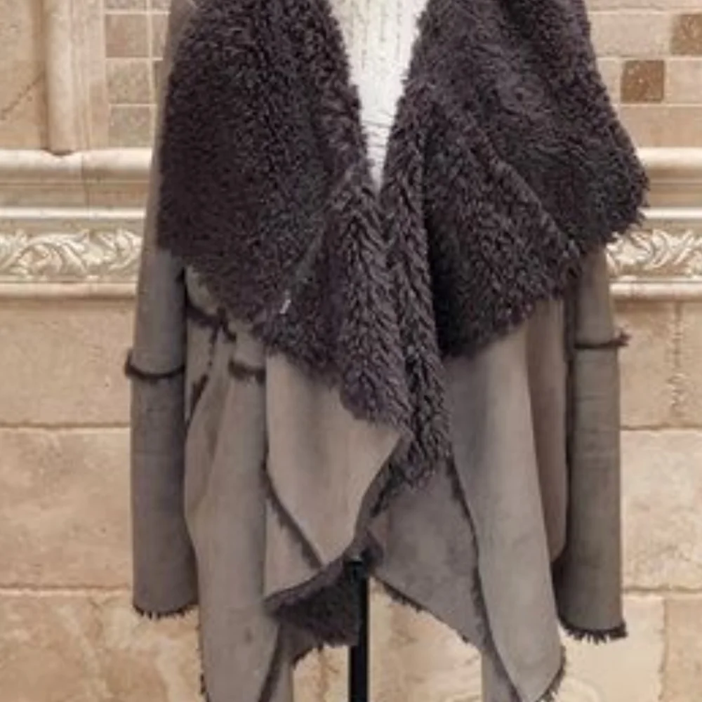 Women’s Taupe Faux-Suede Asymmetrical Coat with Black Faux-Fur Trim - Picture 3 of 11